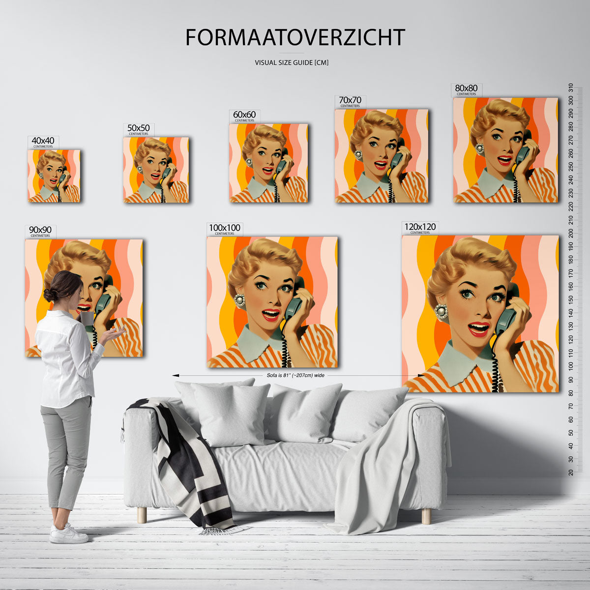 Vrouw met telefoon – kleurrijke vierkante muurposter in Pop Art stijl