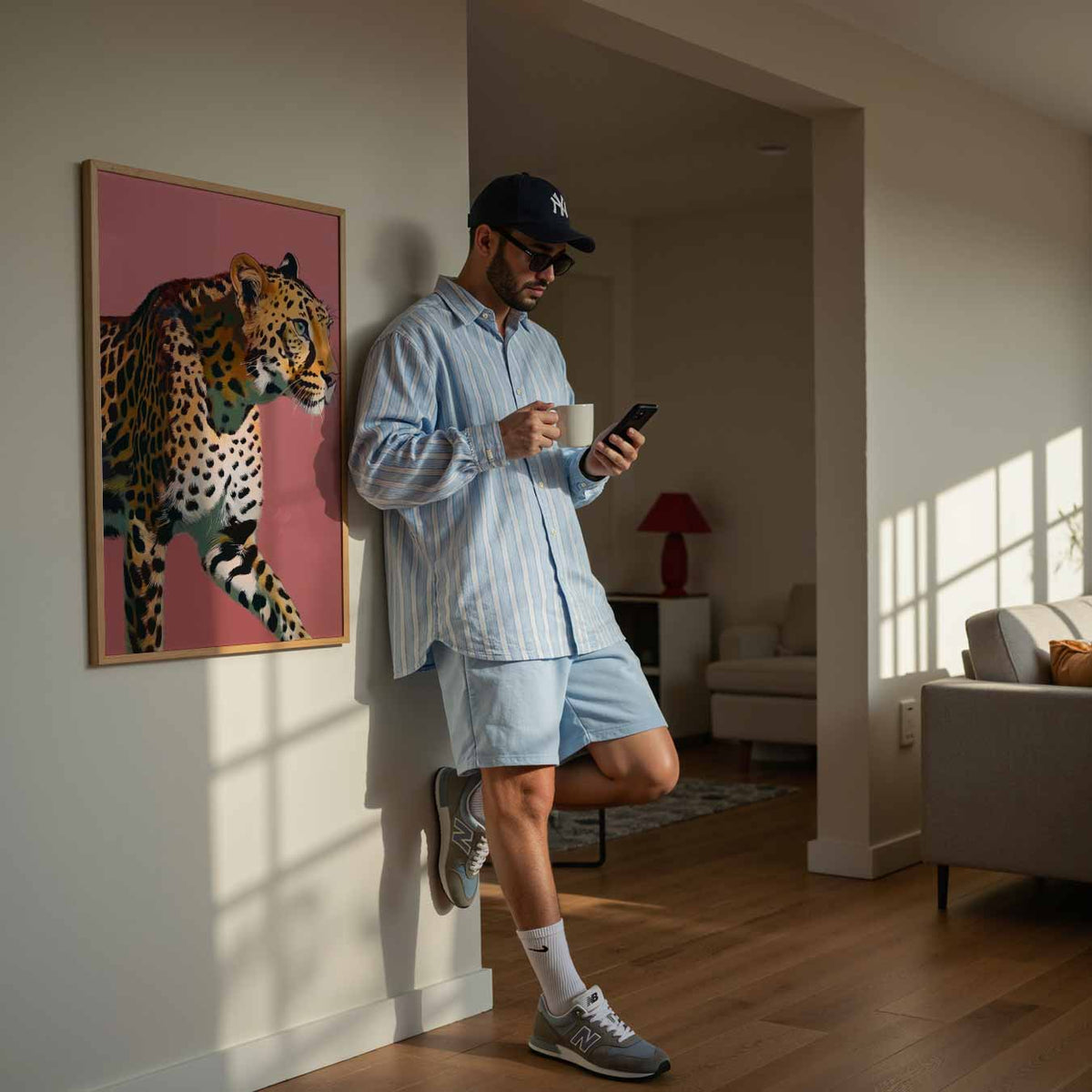 Sierlijke Panter op Roze Achtergrond – dierenillustratie als portret poster