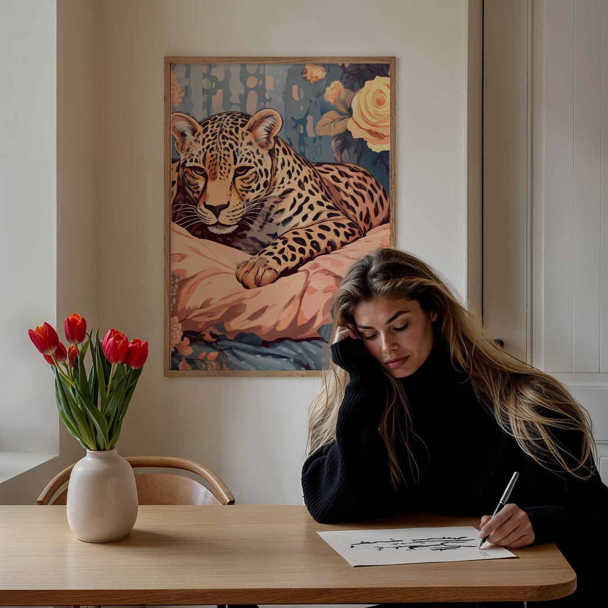 Sierlijke Luipaard Bloemen – Popart poster als moderne urban wanddecoratie