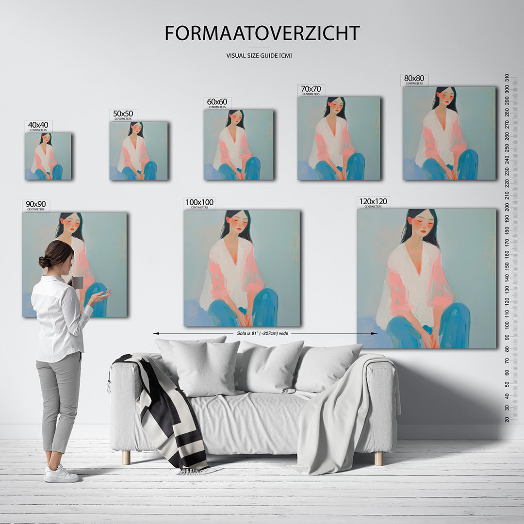 Dromerige vrouwenzitting kunstwerk – materiaalweergave – dit werk toont een vrouw in een serene pose met zachte kleuren. De