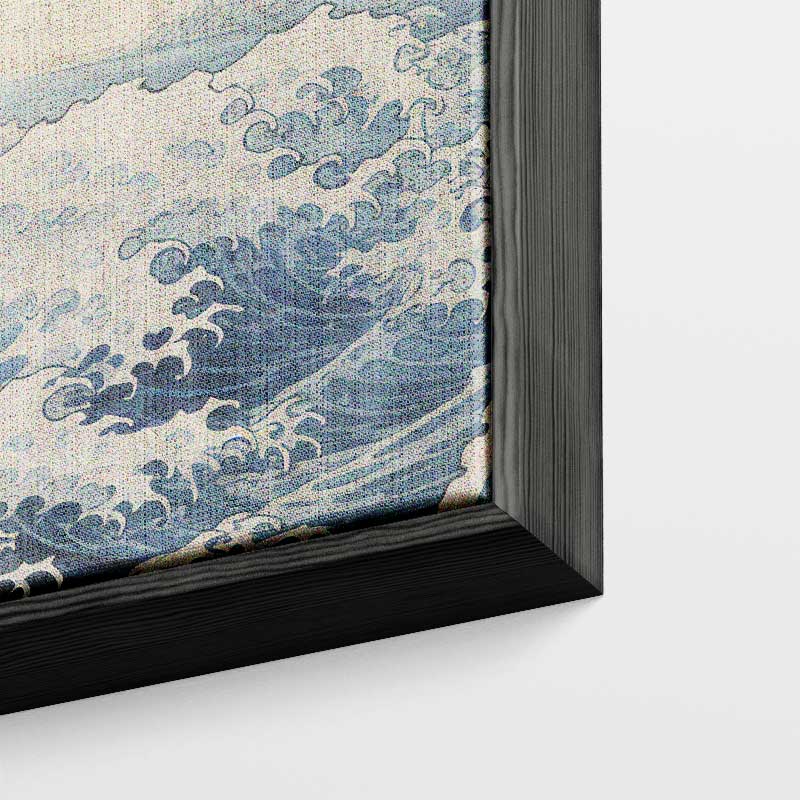 Dynamische Zeegolven Onder een Perzikkleurige Hemel – kunstwerk met zwarte baklijst