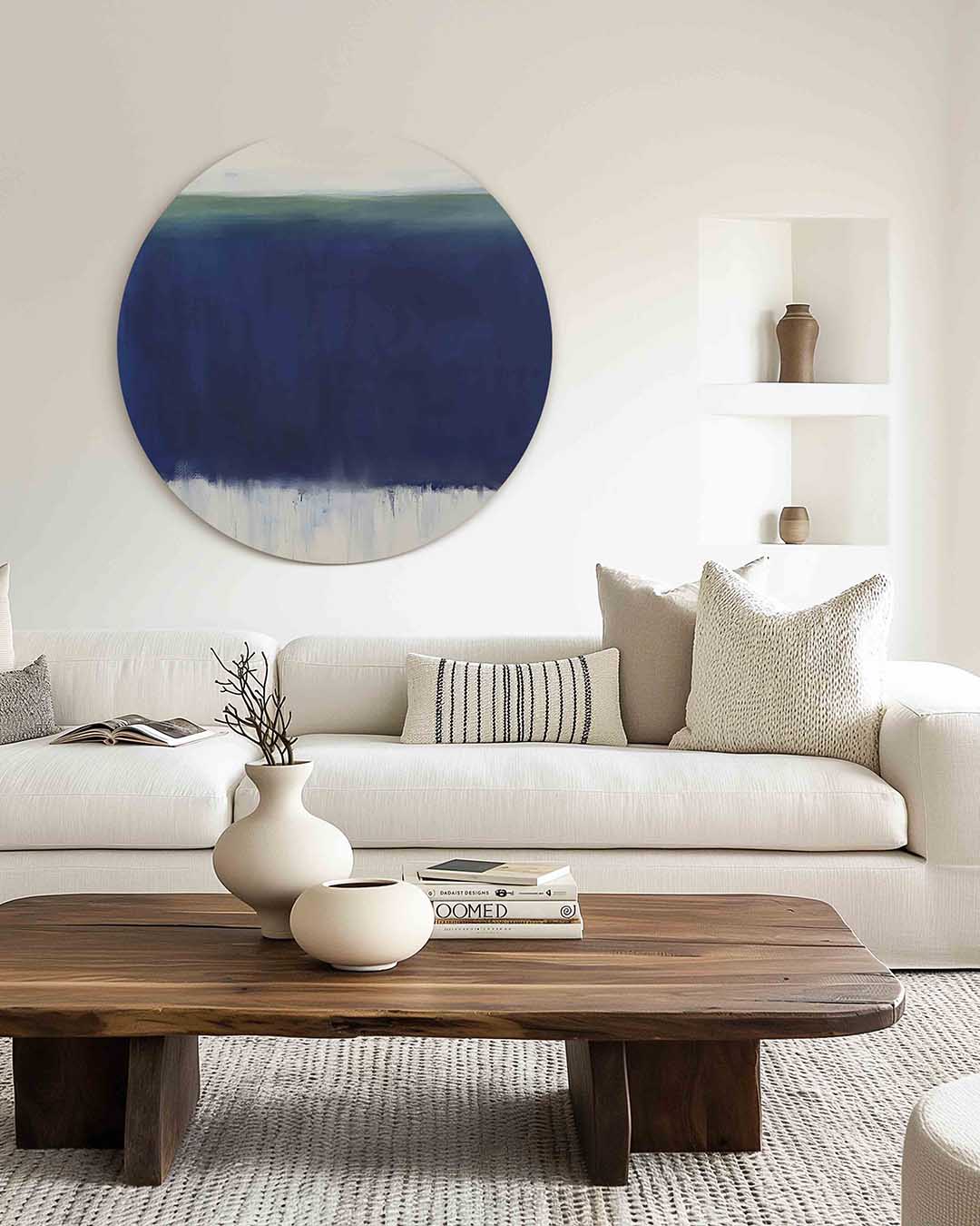Blauwe horizon – muurcirkel met kleur en vormen voor aan de muur