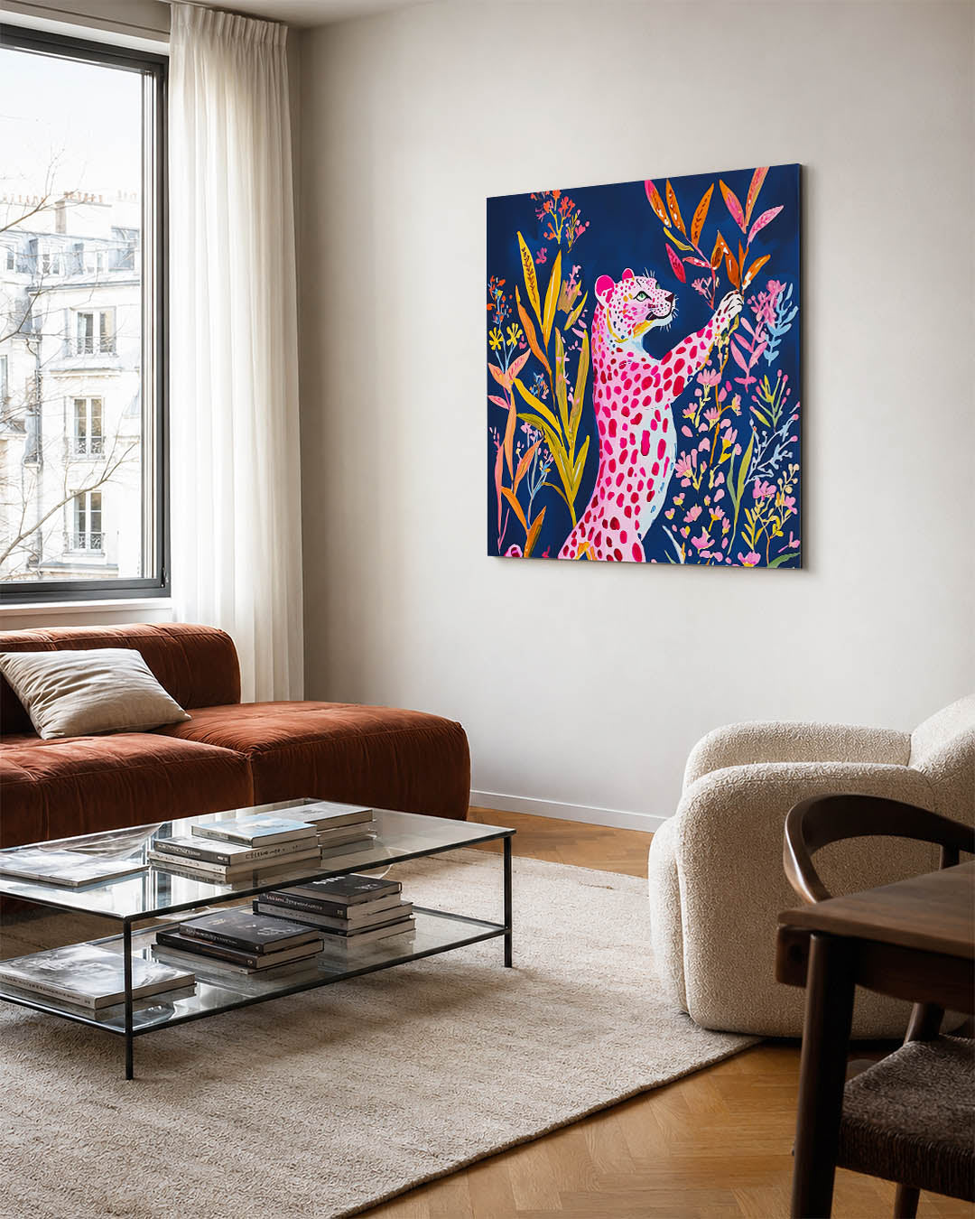 Vrolijke luipaard kunstwerk – vierkante wanddecoratie – dit kunstwerk toont een levendige luipaard omringd door kleurrijke