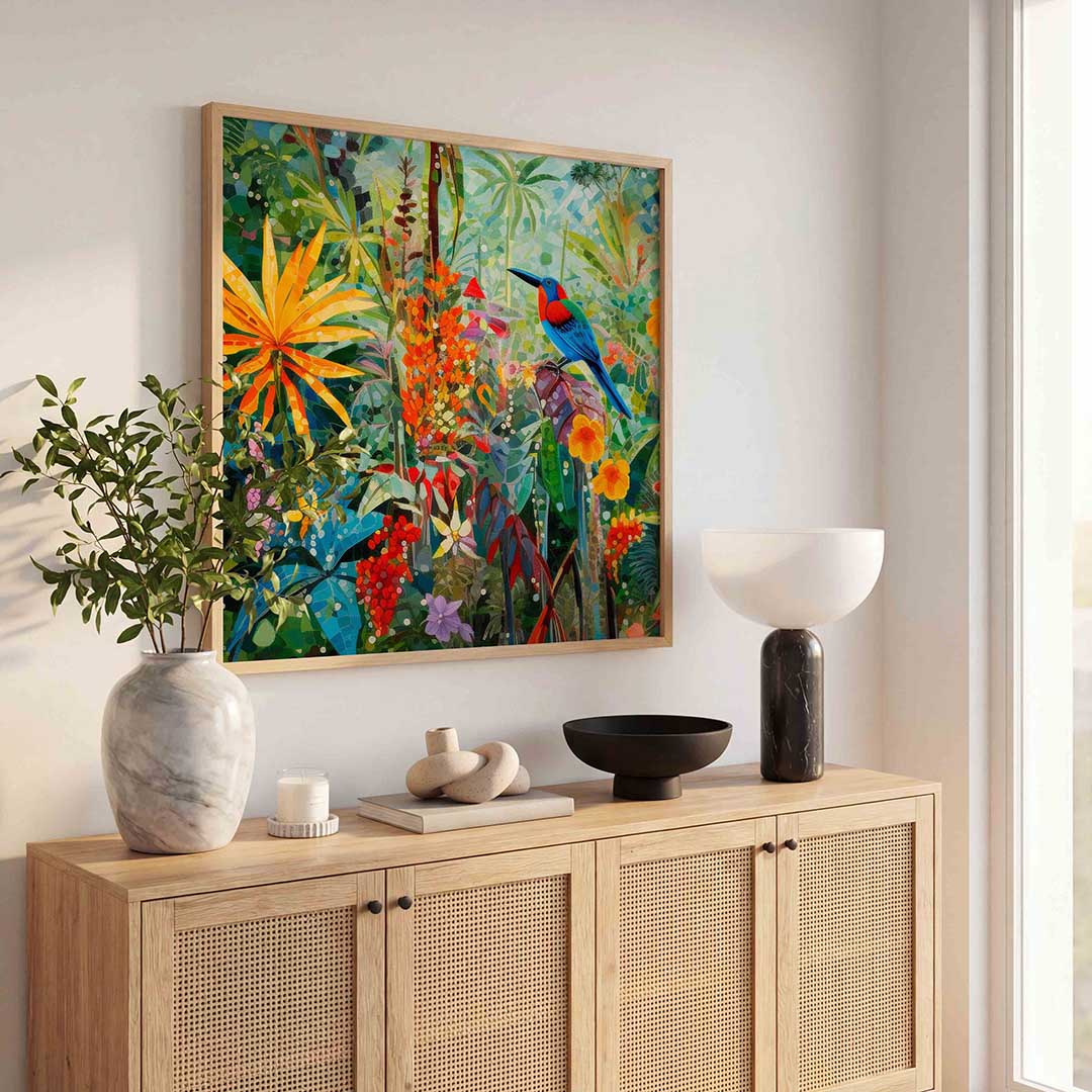 Vogel en bloemen – vierkante jungle wanddecoratie van WallArtistic