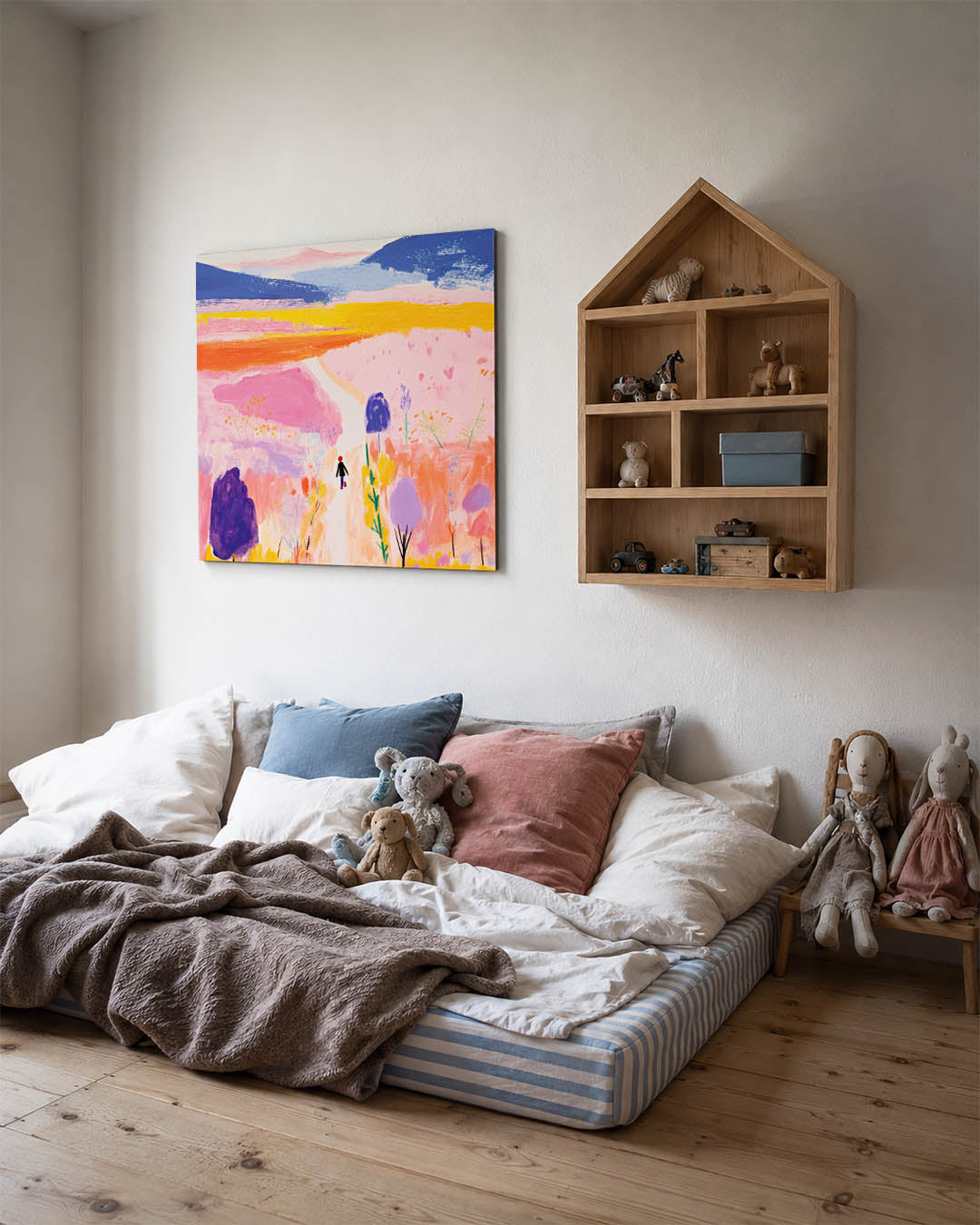 Kleurrijke landschap wandeling kunstwerk – derde productweergave – dit kunstwerk toont een levendig landschap met een pad dat