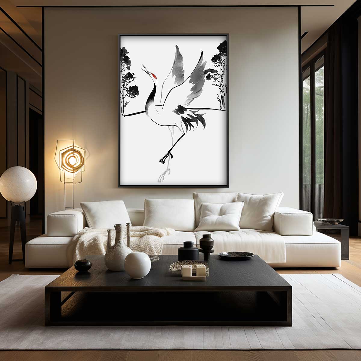 Dansende Kraanvogel in Inkt – kunstwerk met zwarte baklijst