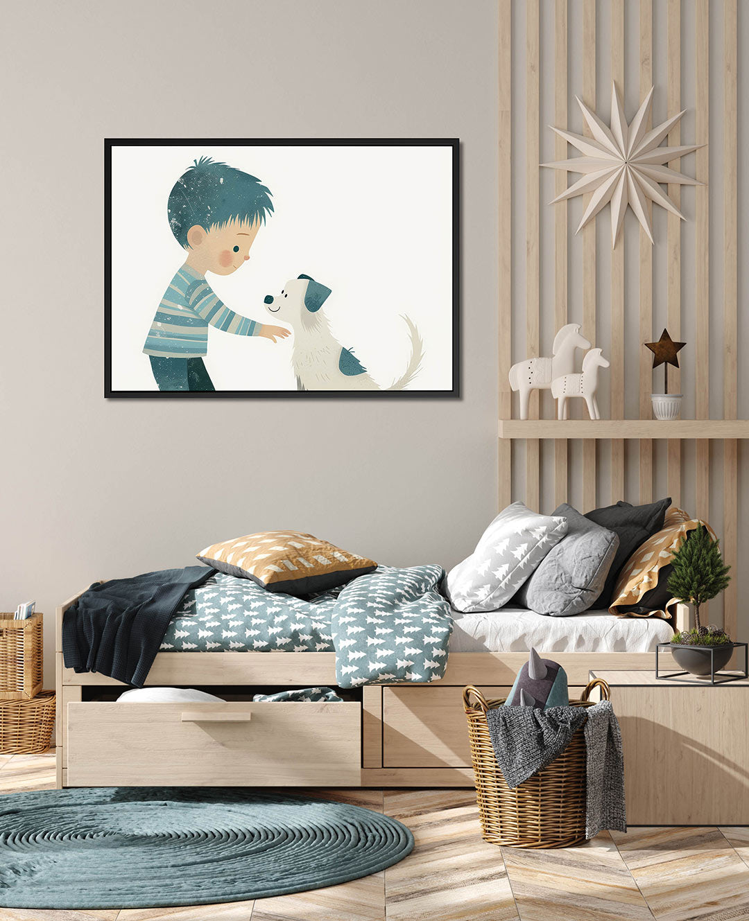 Kind met hond – wanddecoratie in interieur
