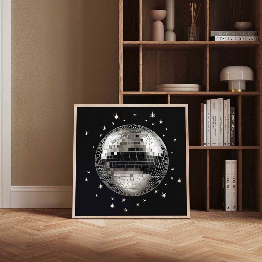 Discobal met sterren – kerstposter in vierkant formaat