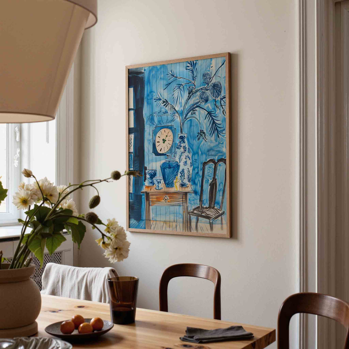 Blauwe interieur – kunst en design poster in portret formaat