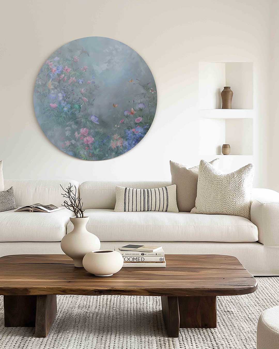 Bloemen en vlinders – illustratie muurcirkel als ronde muurdecoratie