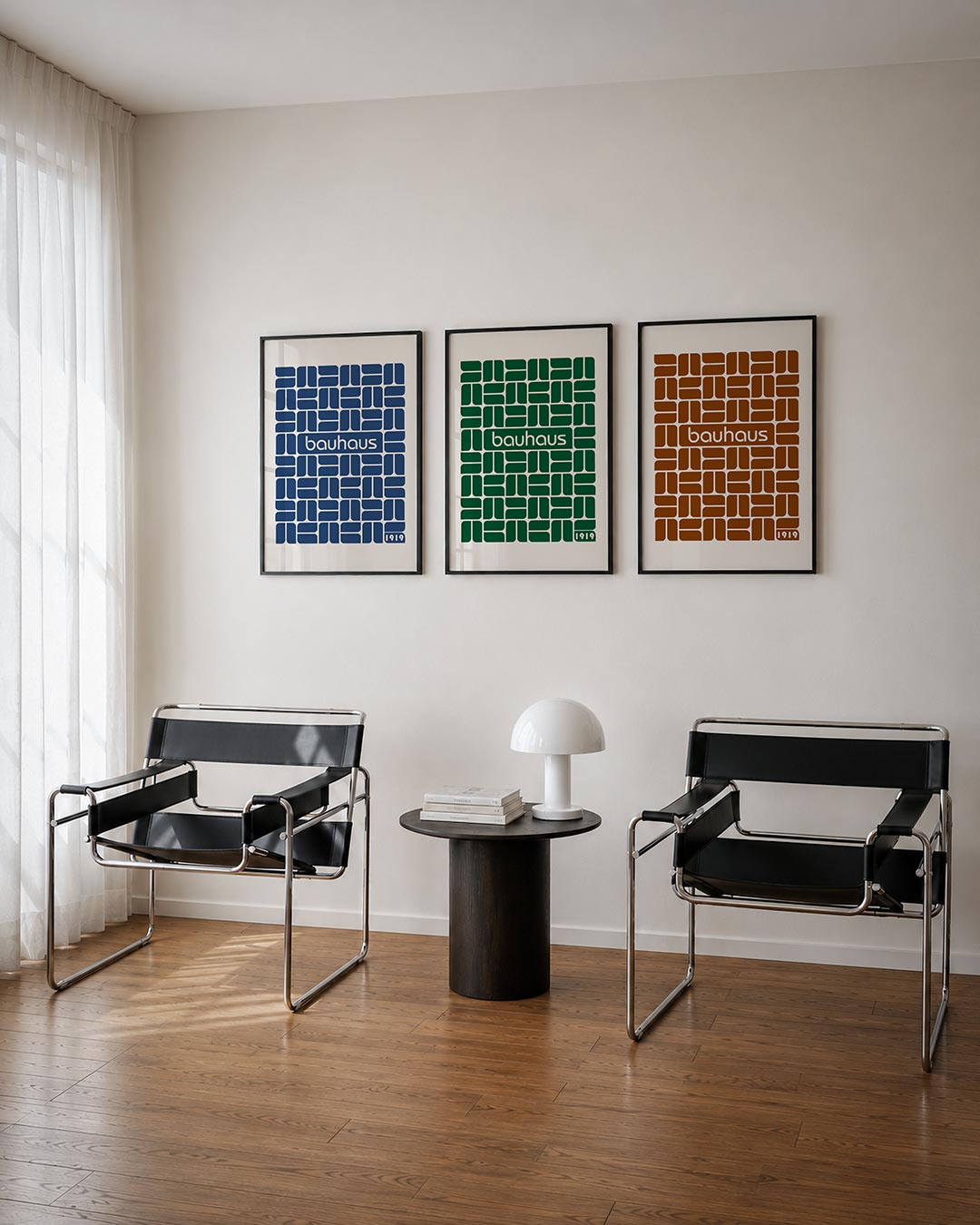 Vorm en ritme posterset – derde productweergave – deze posterset in drie delen toont een patroon van blauwe, afgeronde vormen