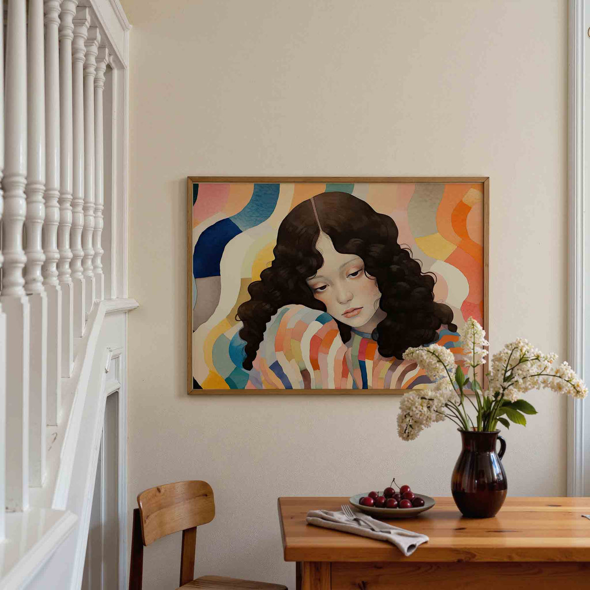 Vrouw met golvende achtergrond – liggende illustratie poster als wanddecoratie