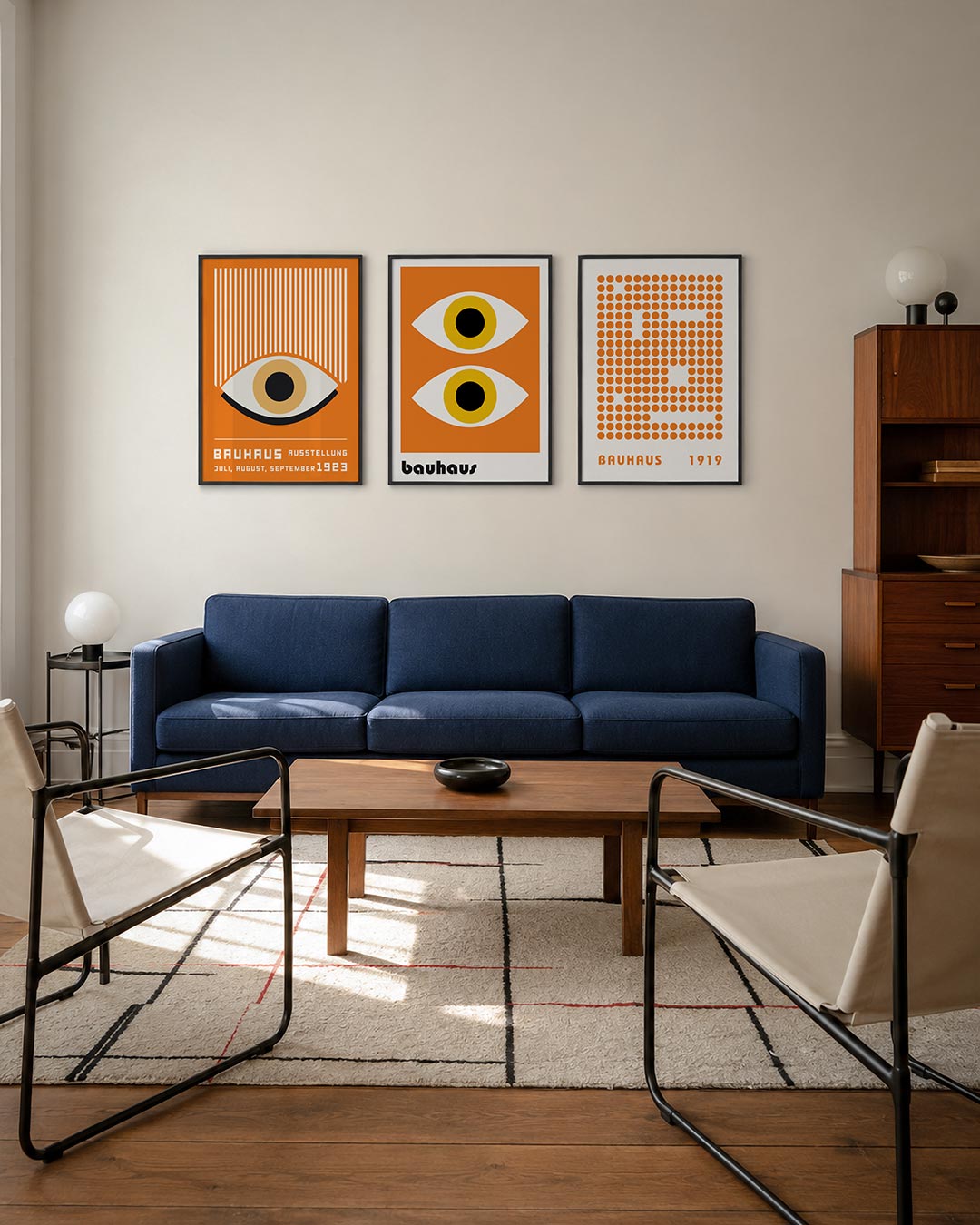 Oog en lijnen driedelige posterset – een opvallend oog met strakke lijnen erboven, omlijst door een warme oranje achtergrond.