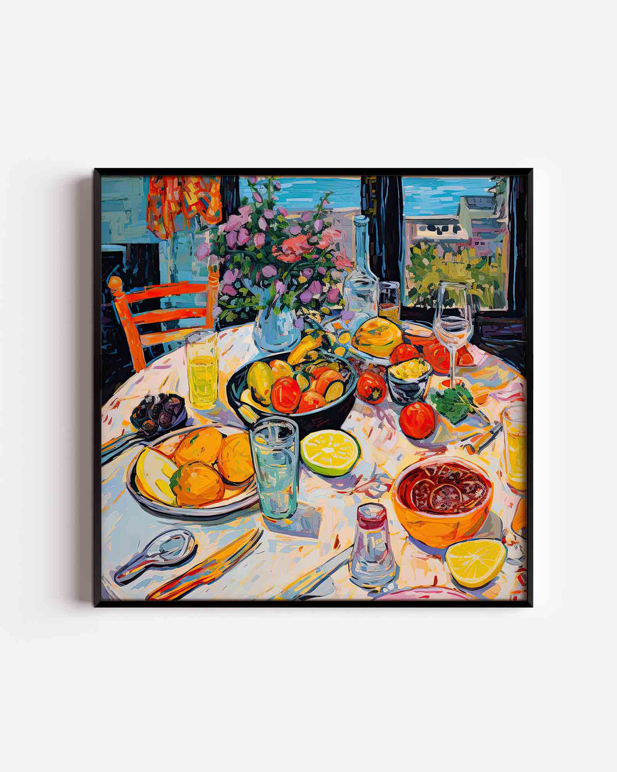 Fruit en bloemen tafel – kleurrijke illustratie poster als wanddecoratie