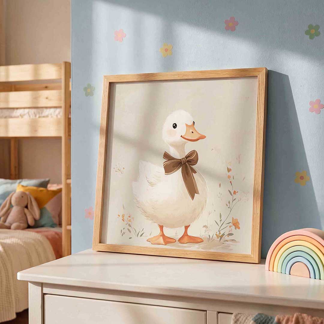 Eend met strik – speelse wandkunst als vierkante kinderposter