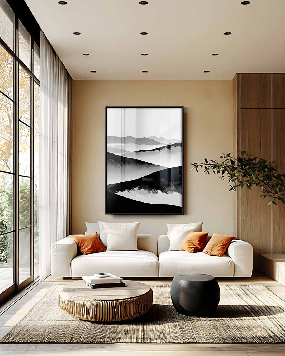 Sereen Berglandschap in Grijstinten – staande wandkunst voor woonkamer of interieur