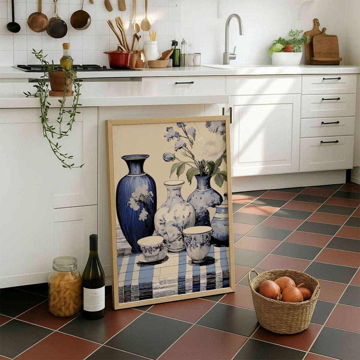 Elegant Blauwe Vaas Bloemen – staande muurposter voor keuken of eethoek