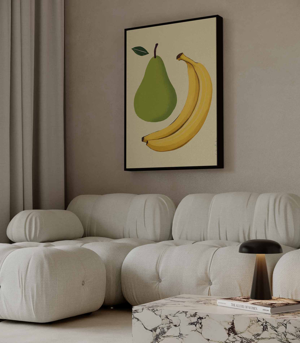 Speelse Perens en Bananen Illustratie – staande wandkunst voor woonkamer of interieur