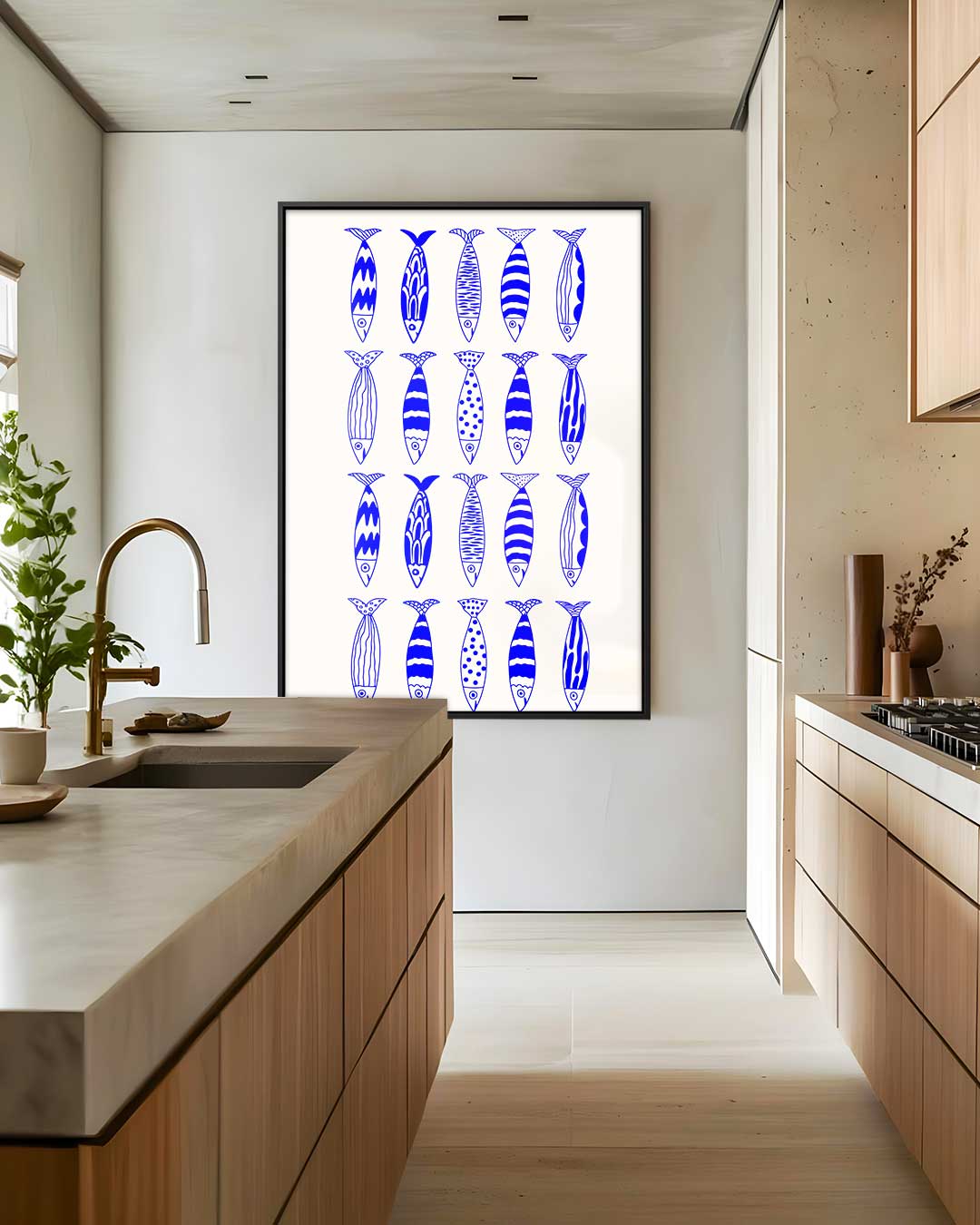 Abstract Vissenpatroon in Blauw – staand kunstwerk voor modern interieur