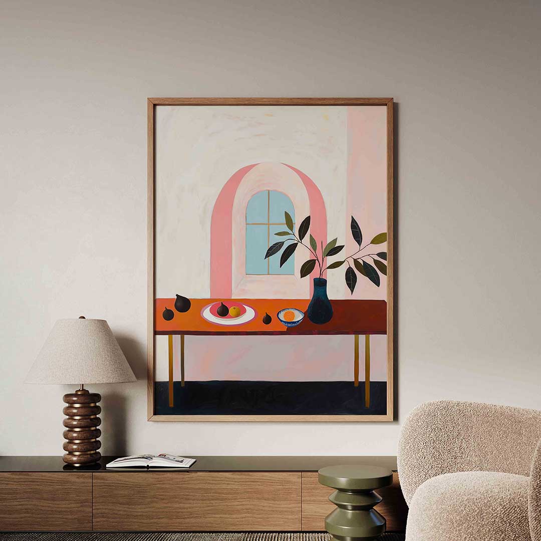 Stilleven met tafel en raam – tropische jungle poster in staand formaat