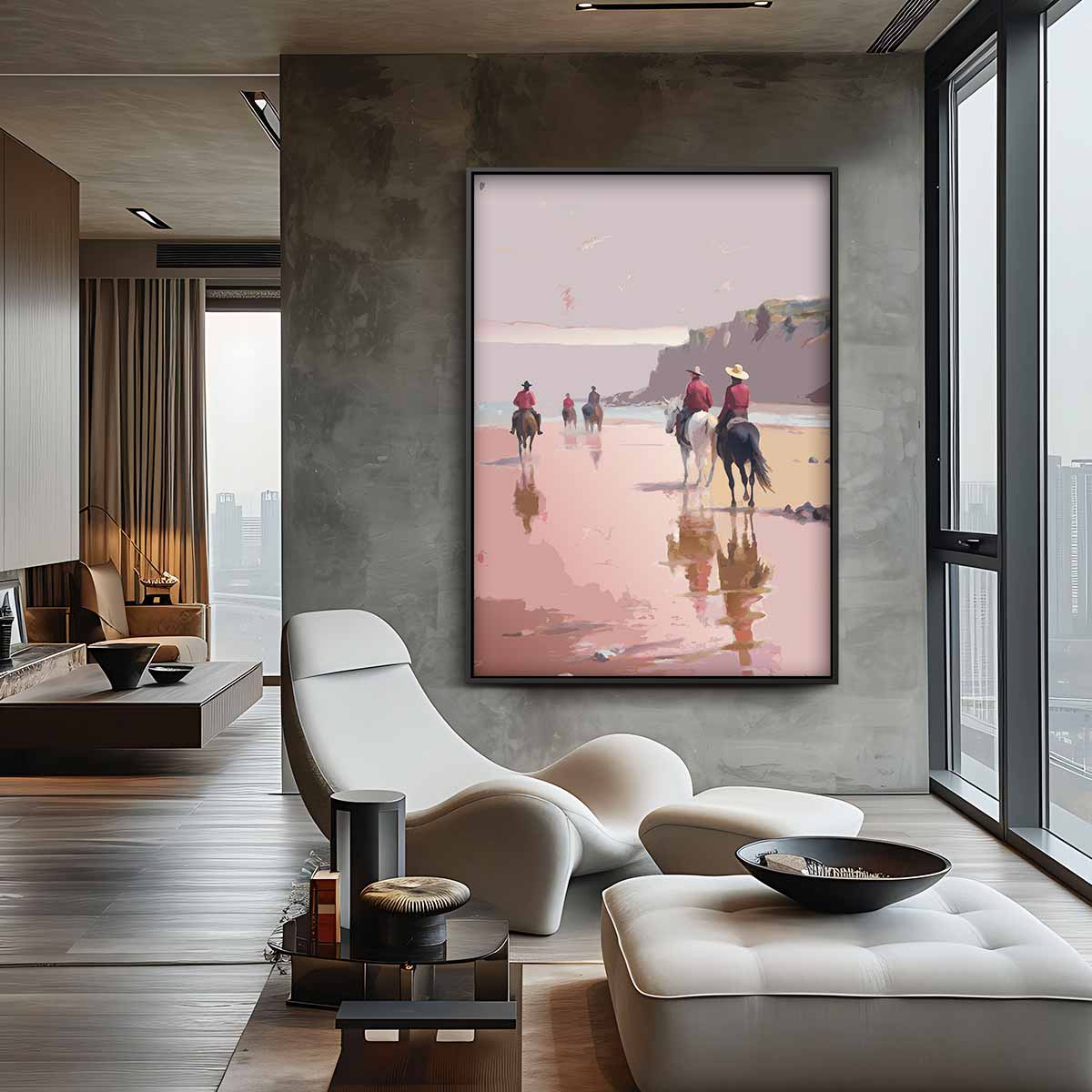 Strandrit bij Zonsondergang – staand kunstwerk voor modern interieur