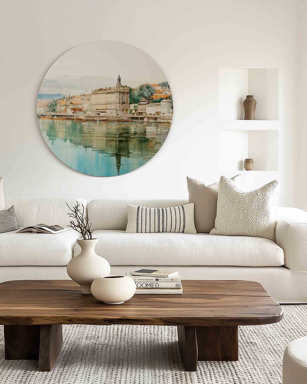 Stad aan het water – muurcirkel met kleur en vormen voor aan de muur