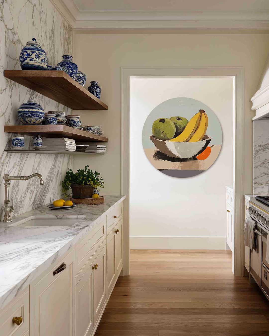 Fruitstilleven – moderne abstracte muurcirkel voor aan de muur