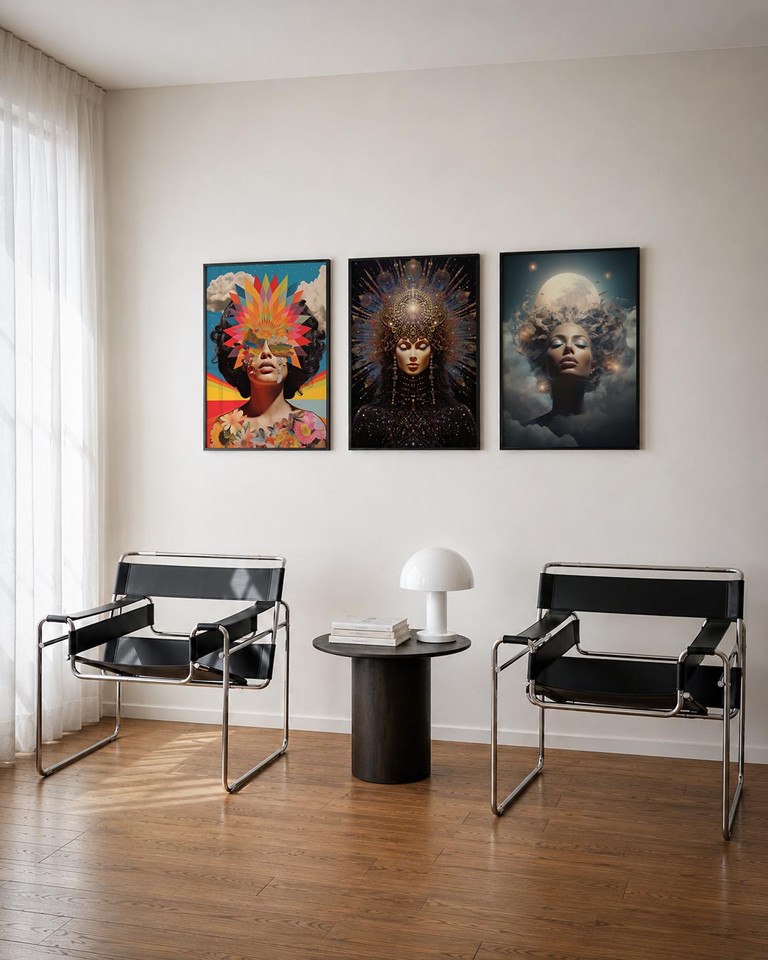 Kleurrijke vormenexplosie driedelige posterset – deze posterset in drie delen toont een levendige mix van