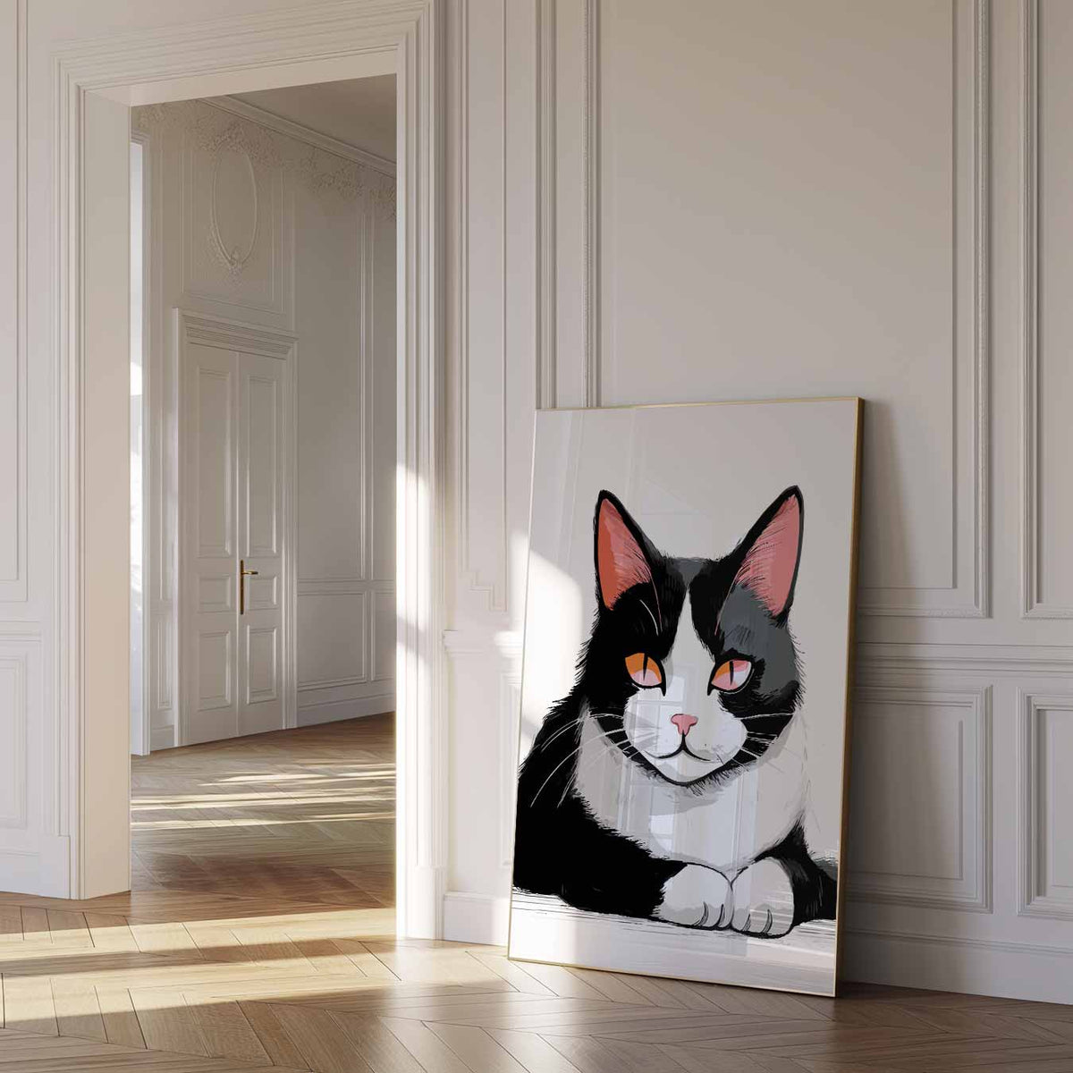 Chique Kattenportret in Zwart & Wit – dierenposter als moderne staande wanddecoratie