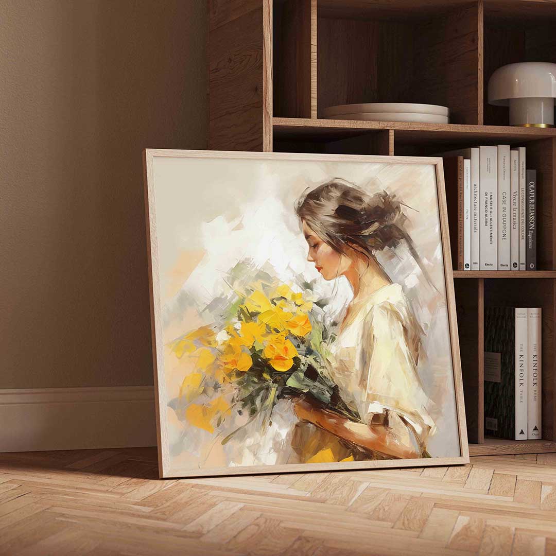 Vrouw met bloemen – vierkante portret wanddecoratie van WallArtistic