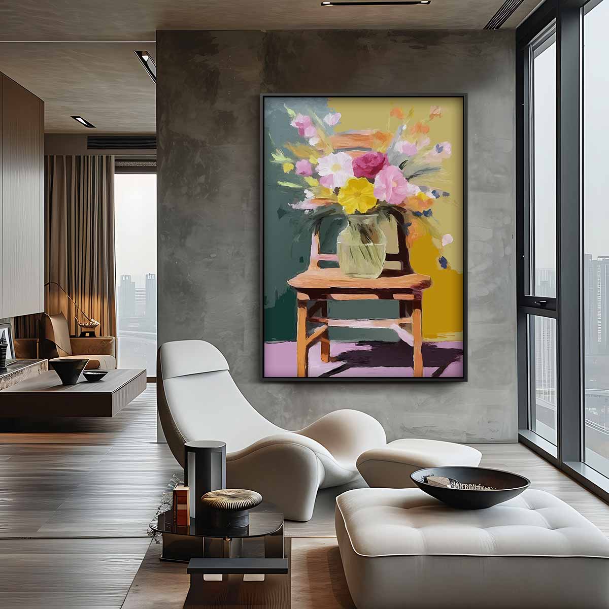 Bloemrijke Stoel – canvas kunstwerk als wanddecoratie