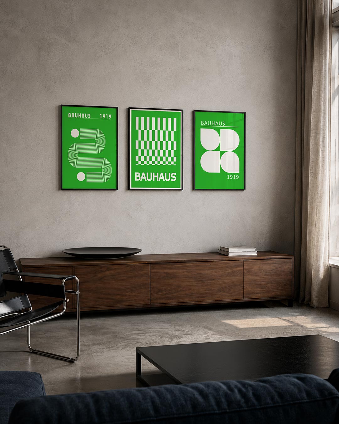 Lijnen en vlakken driedelige posterset – deze posterset in drie delen toont een levendig spel van witte lijnen en cirkels op