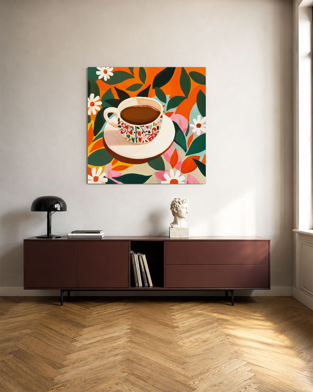 Vrolijke koffiekop kunstwerk – tweede productweergave – dit werk toont een kleurrijke koffiekop omringd door levendige