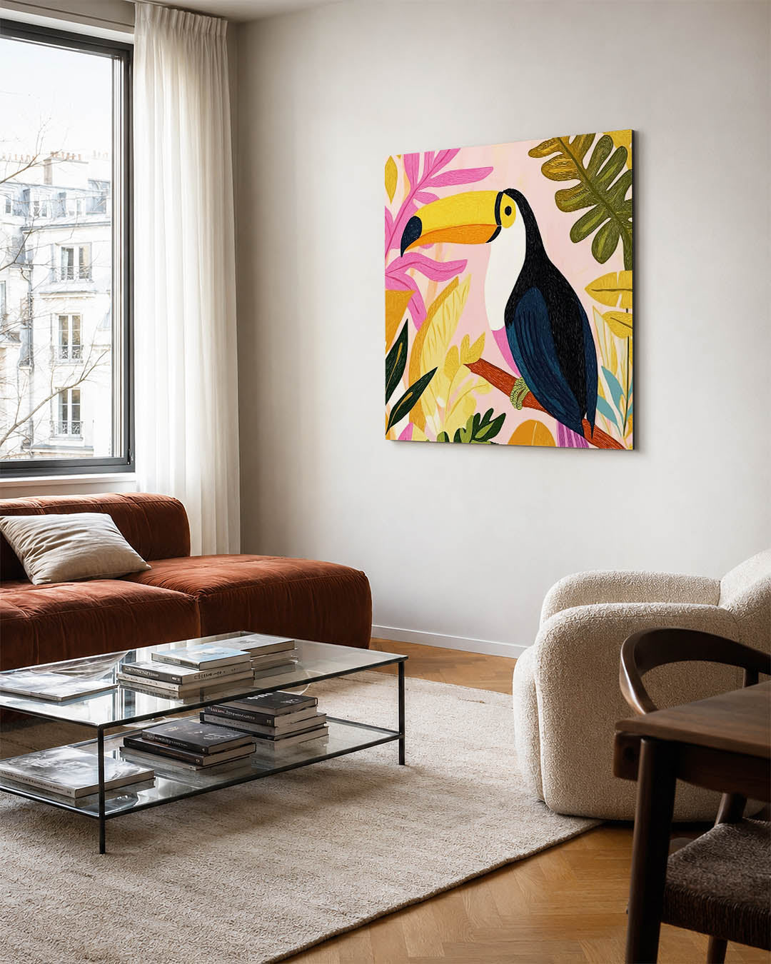 Vrolijke toekan illustratie kunstwerk – vierkante wanddecoratie – dit werk toont een kleurrijke toekan omringd door levendige
