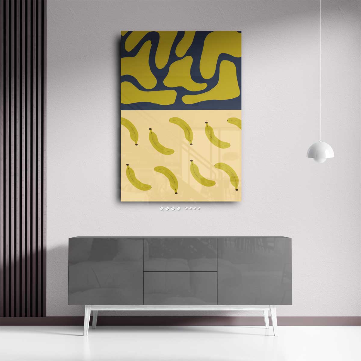 Bananenpatroon op Abstracte Blauwe Achtergrond – staand kunstwerk voor modern interieur