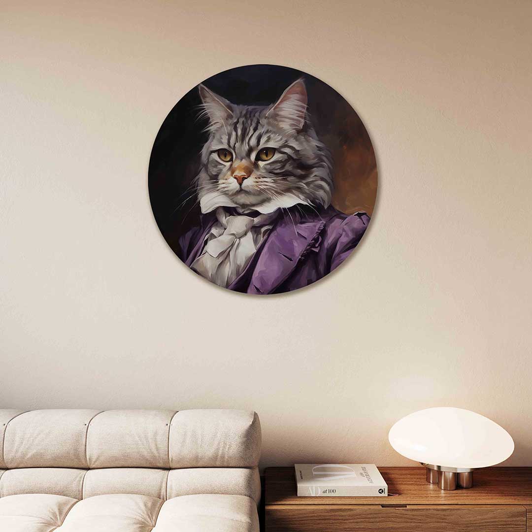 Kat in paarse jas – moderne abstracte muurcirkel voor aan de muur