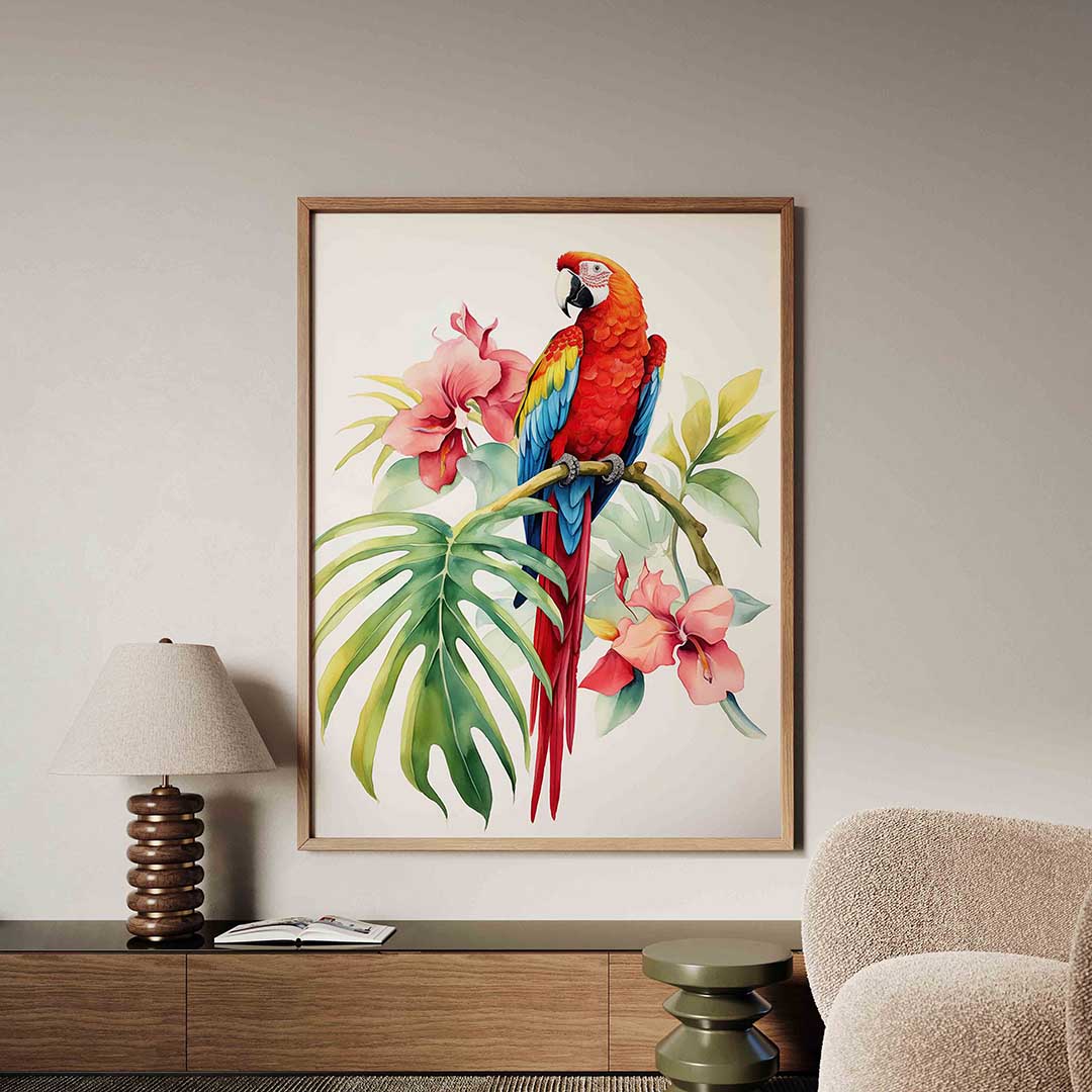 Papegaai met bloemen – tropische jungle poster in staand formaat