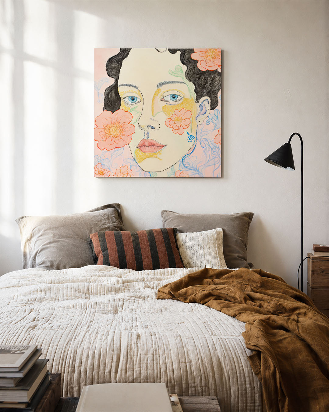 Vrouwelijk portret bloemen kunstwerk – detailweergave – dit kunstwerk toont een vrouwelijk gezicht met blauwe ogen, omlijst