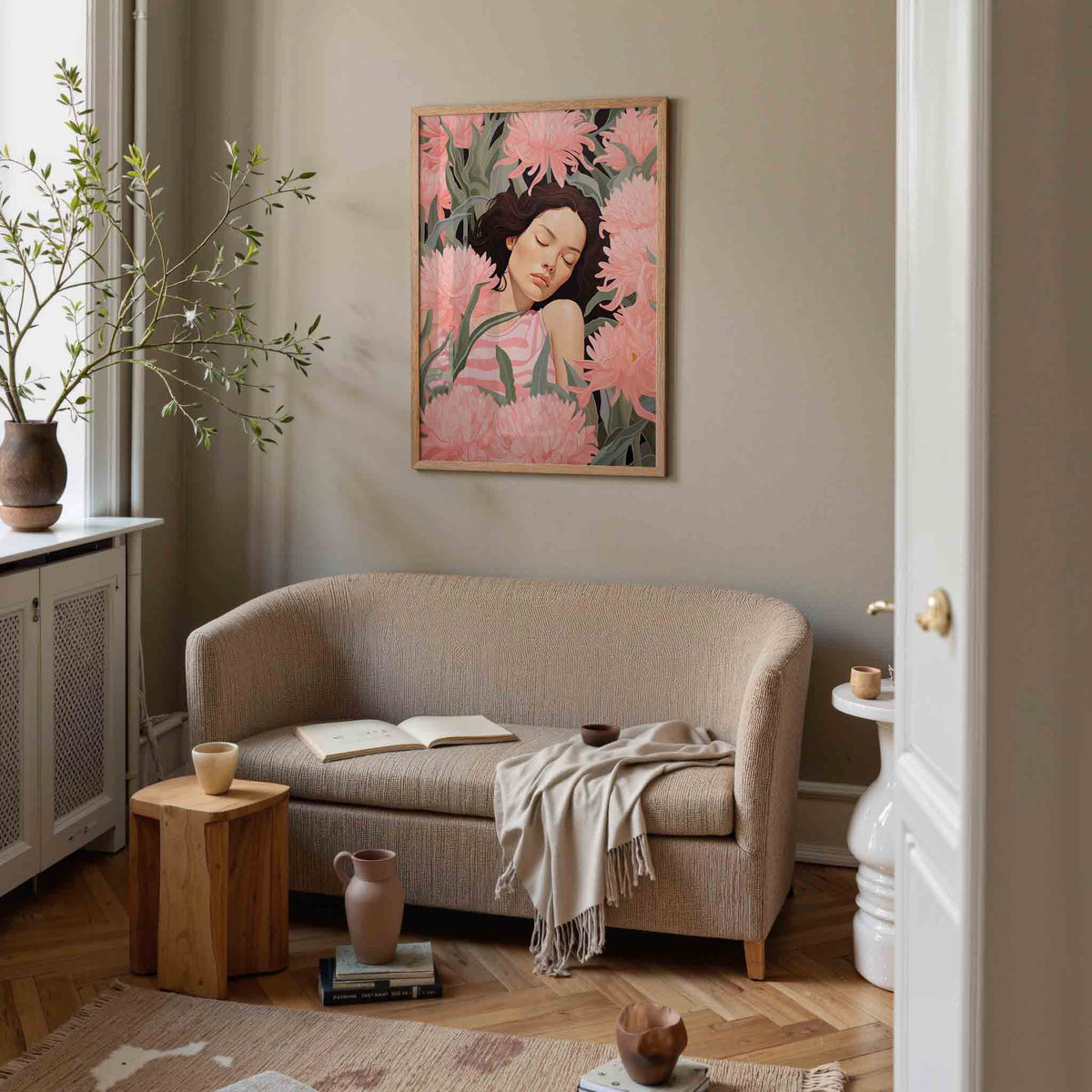 Slapende vrouw tussen bloemen – botanische poster in staand formaat