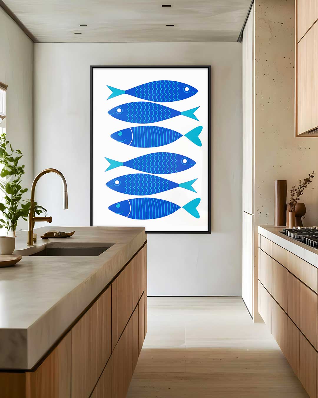 Vrolijke Blauwe Vissenschilderij – staand kunstwerk voor modern interieur