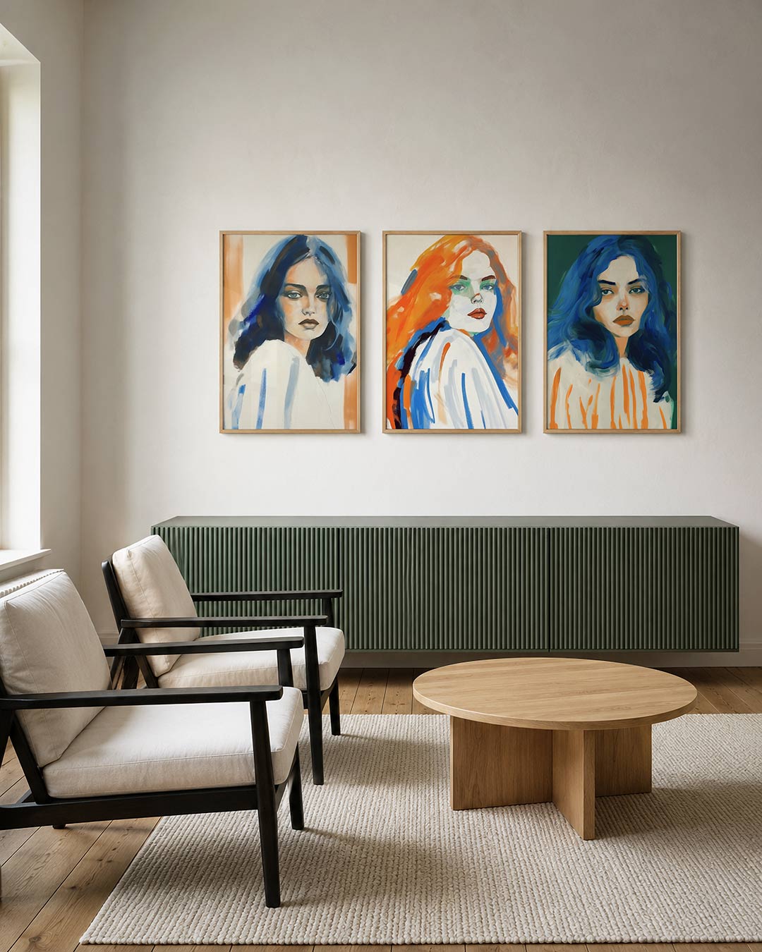 Kleur en portret posterset – derde productweergave – een vrouwelijk portret met blauwe en oranje tinten