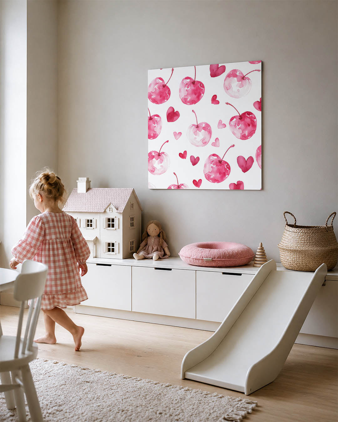 Fruit en hartjes kunstwerk – tweede productweergave – dit kunstwerk toont een speelse compositie van roze kersen en hartjes