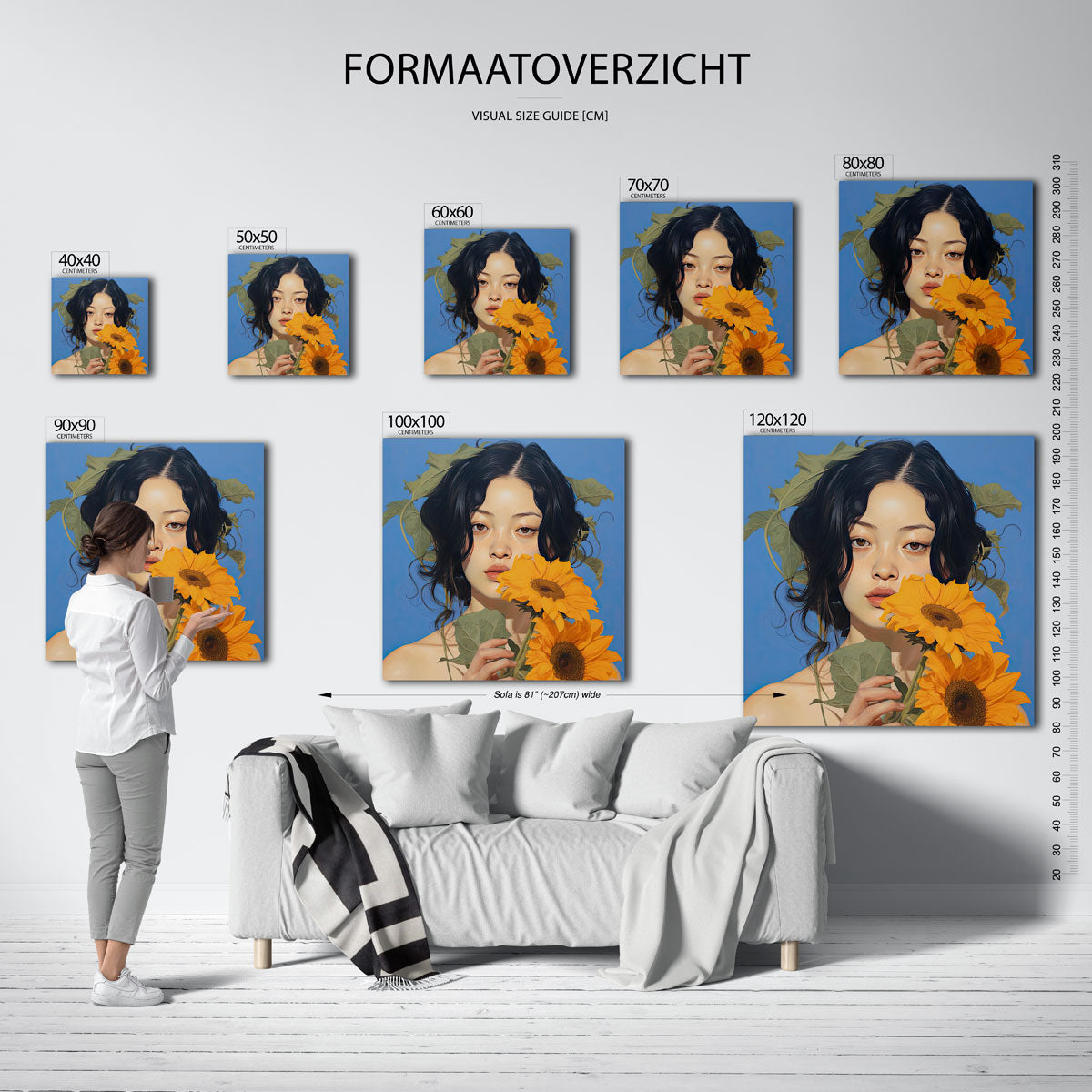 Vrouw met zonnebloemen – vierkante muurposter met kleurrijke illustratie