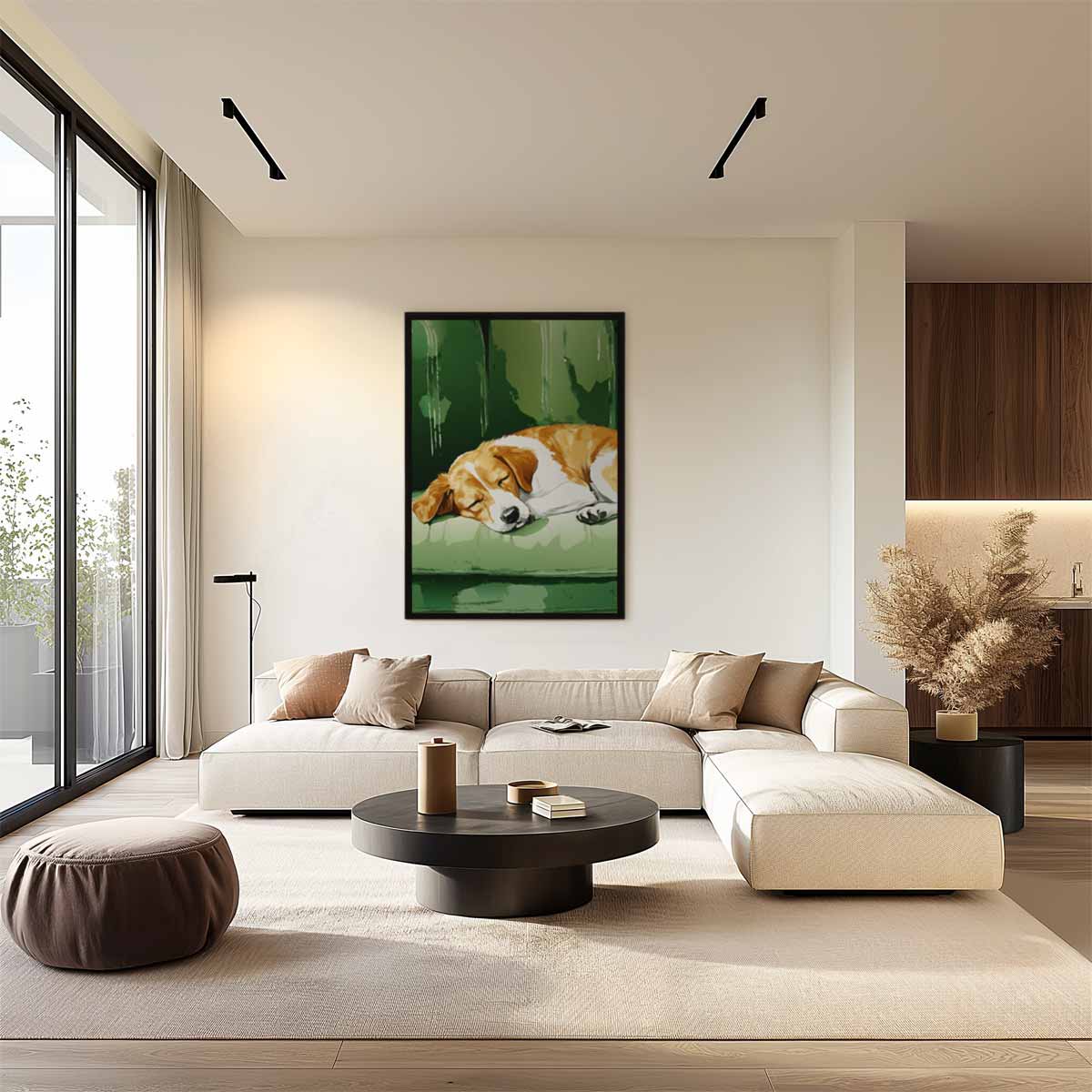 Slapende Beagle op Groene Bank – staand kunstwerk voor modern interieur