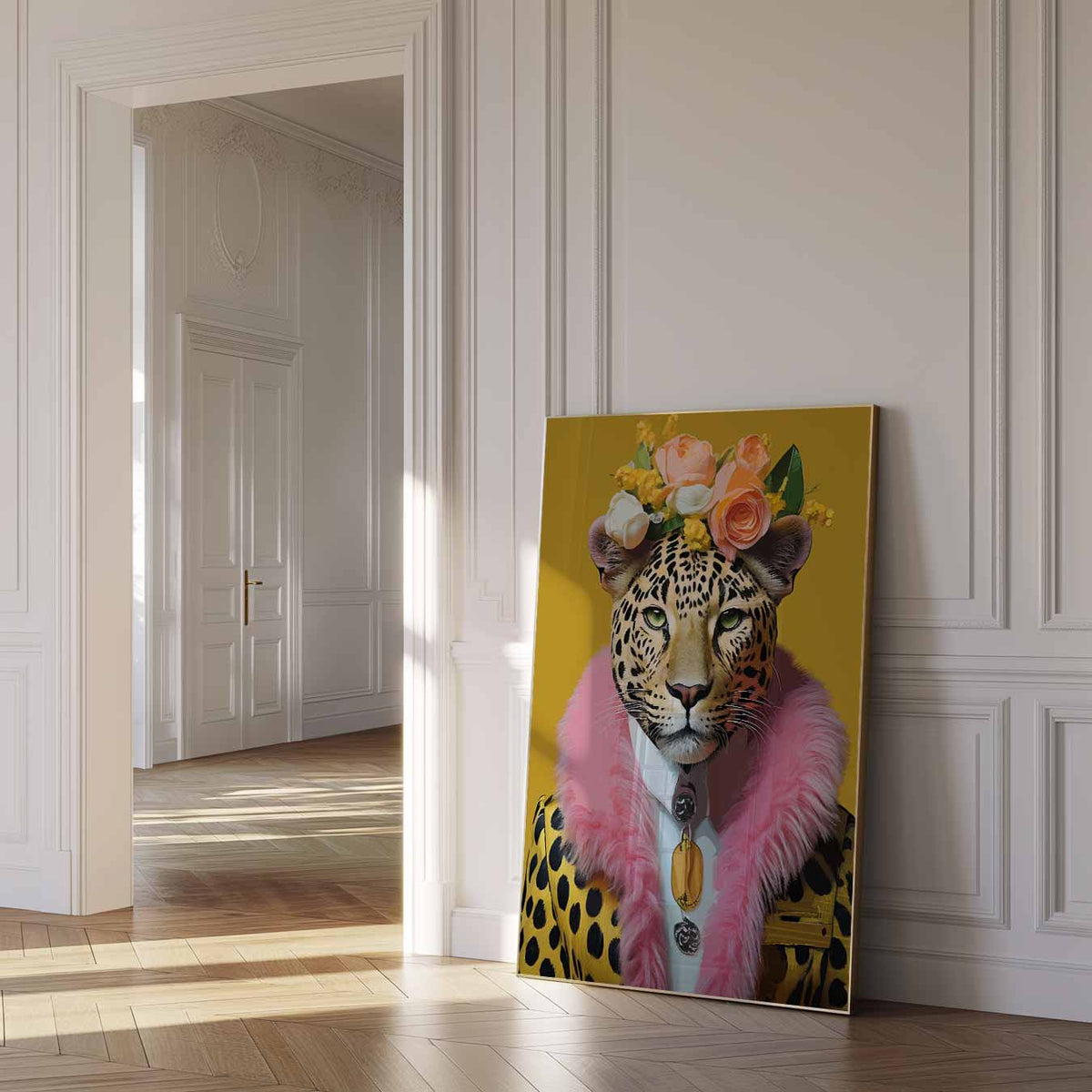 Stijlvolle Luipaard Portrait – dierenposter als moderne staande wanddecoratie