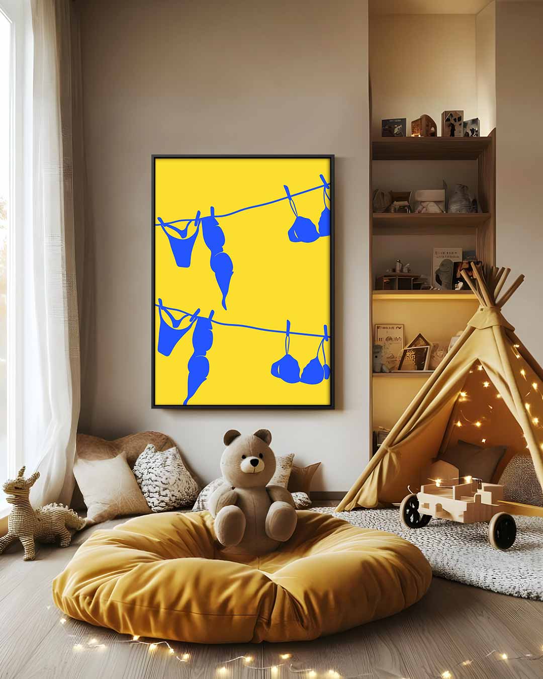 Blauw Wasgoed op Gele Draad – modern portret kunstwerk van WallArtistic