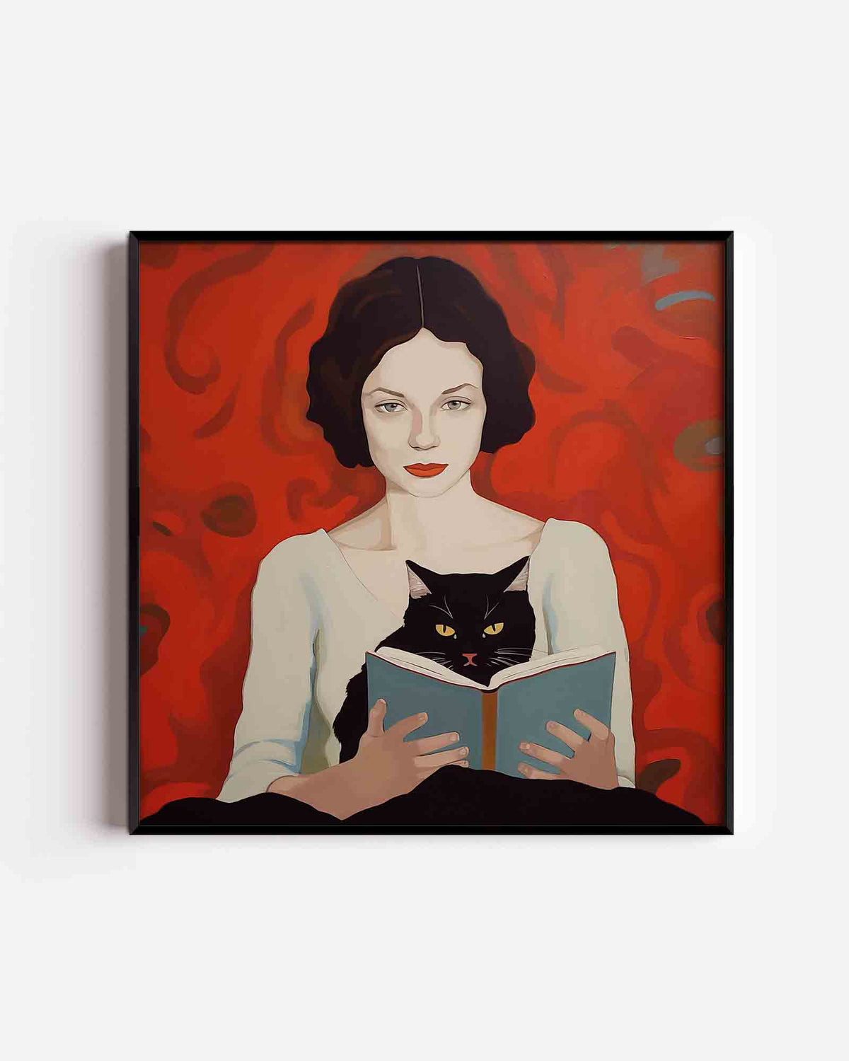 Vrouw met kat en boek – vrouwelijk portret als vierkante poster