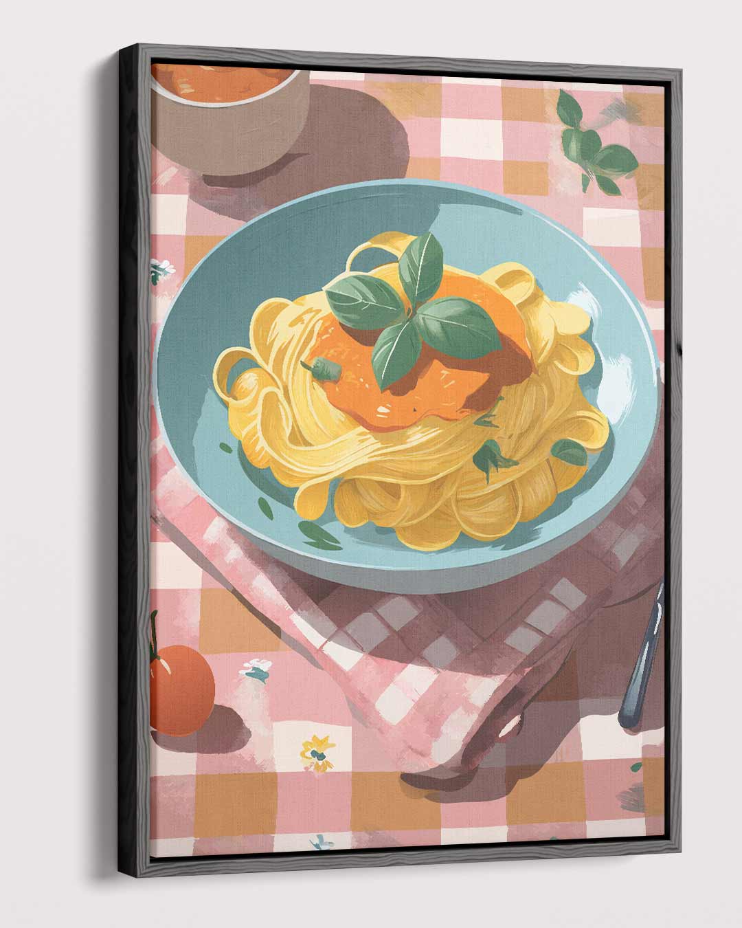 Pasta op Geblokt Tafelkleed – modern portret kunstwerk van WallArtistic