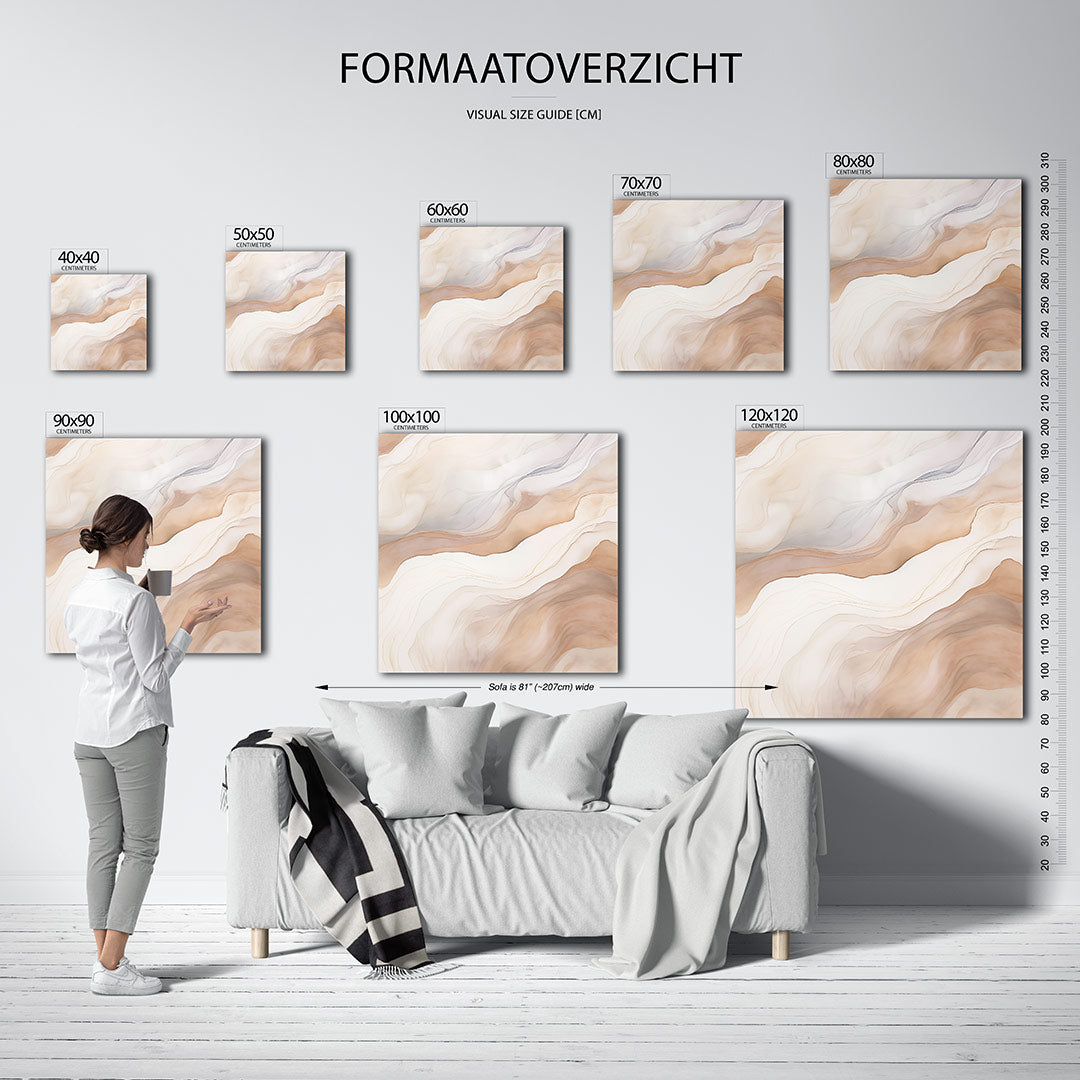 Organische lijnen kunstwerk – materiaalweergave – dit werk toont vloeiende, golvende lijnen in zachte beige en bruin tinten.