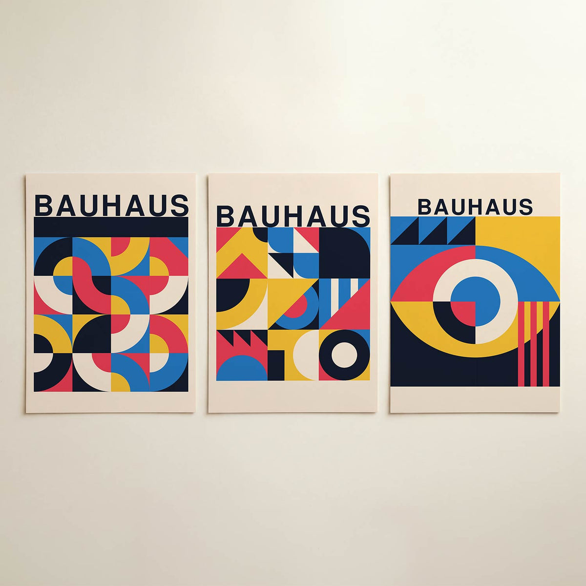 Kleurrijke vormen posterset – detailweergave – deze posterset in drie delen toont een levendig spel van halve cirkels en
